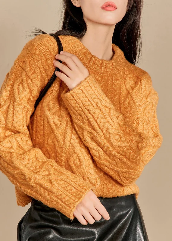 Lazy Home Natural Orange O-Neck Cable Thick Cotton Knit Sweaters Winter