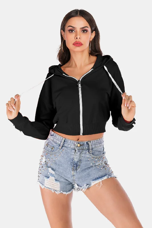 Chic Comfort Wear Side Stripe Drawstring Cropped Hooded Jacket