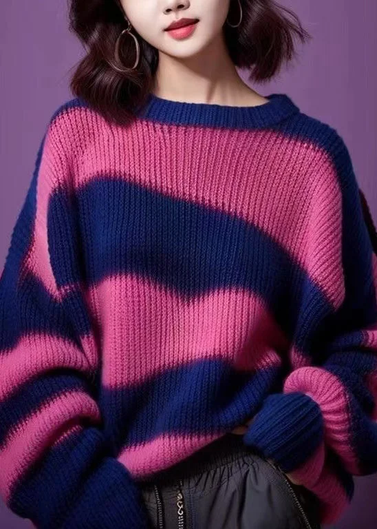 Exquisite Design Women Purple O Neck Thick Patchwork Knit Sweater Winter