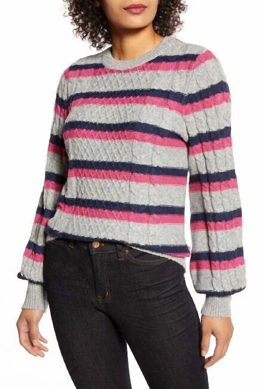 X Atlantic-Pacific Striped Cable Knit Lovely Stripe Sweater In Pink, Grey