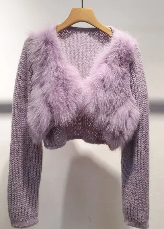 Relaxed Fashion Chic Purple V Neck Patchwork Cotton Knit Sweater Winter