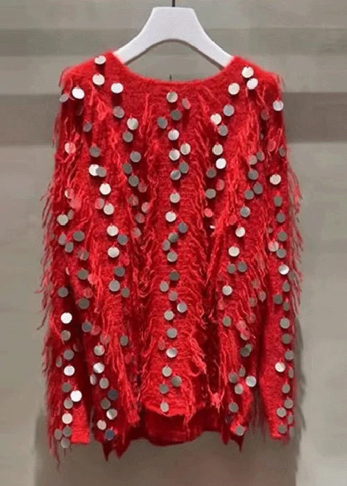 Breathable Design New Red Tasseled Sequins Knit Sweaters Winter