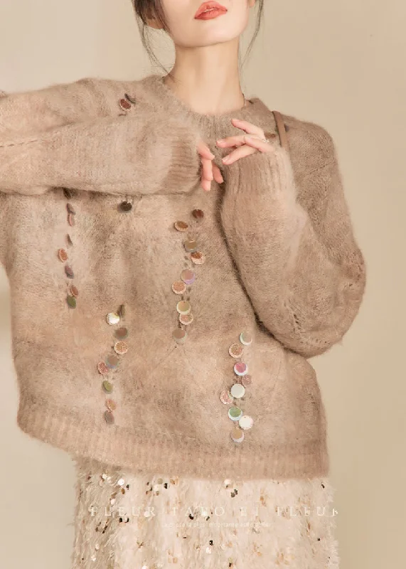 Sweet Style Women Camel O-Neck Sequins Thick Cotton Knit Sweater Winter
