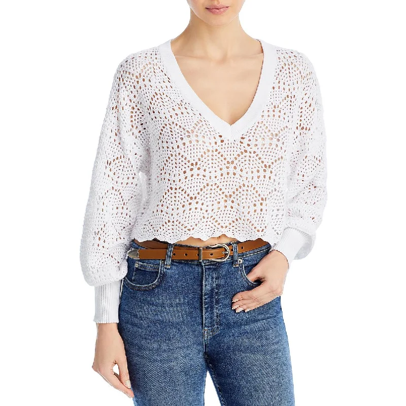 Modern City Aqua Womens Crochet Cropped V-Neck Sweater