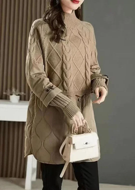 Stylish Khaki High Neck Thick Patchwork Knit Sweaters Fall