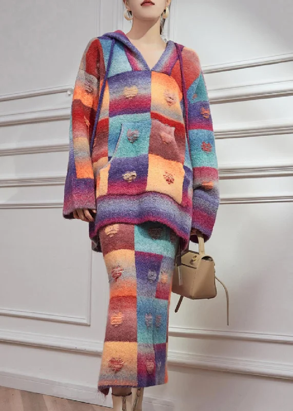 New Products Beautiful Rainbow Hole Hooded Sweaters And Maxi Skirts Knitted Cotton Thread Two Pieces Set Winter