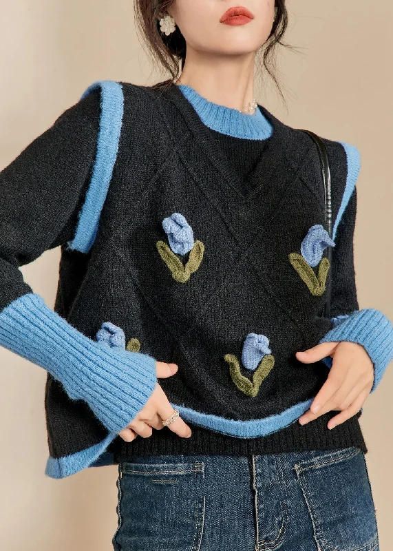 Street Fashion Casual Blue O-Neck Patchwork Cotton Knit Sweaters Winter