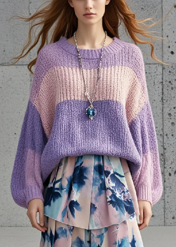 French Lavender Oversized Patchwork Cozy Sweaters Fall