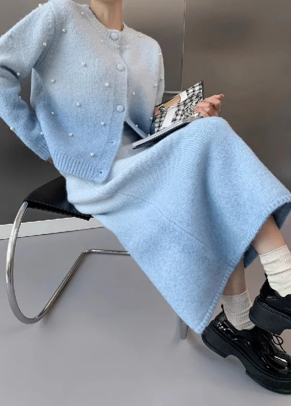 Lace Design Modern Blue O-Neck Nail Bead Cotton Knit Sweaters And Maxi Skirts Two Piece Set Fall
