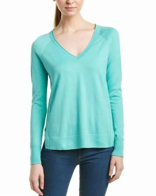 V-Neck Pullover Cotton Side Slits Sweater In Blue