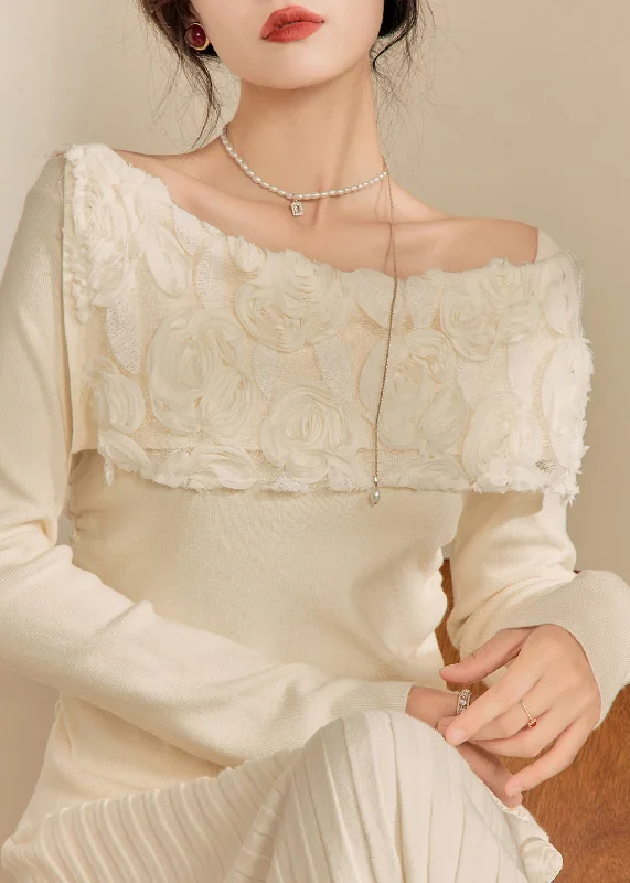 Fashionable Inner Wear Chic White Cold Shoulder Floral Cotton Knit Sweaters Fall
