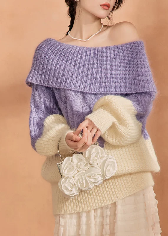 British Style Style Purple Slash Neck Cold Shoulder Patchwork Cotton Knit Sweater Tops Winter