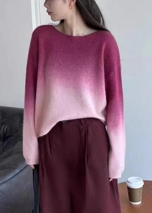 High-end Design Italian Pink Gradient Color Cozy Knit Sweater O Neck Winter