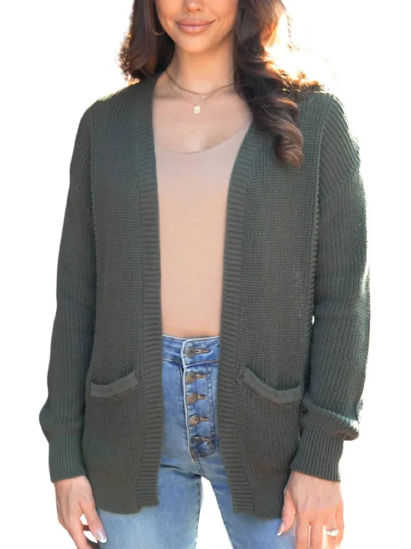 Slouchy Knit Pocket Cardigan In Deep Olive