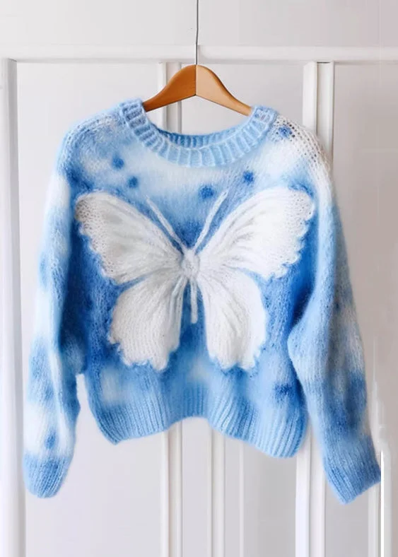Advanced Design New Blue O Neck Butterfly Print Knit Sweaters Winter