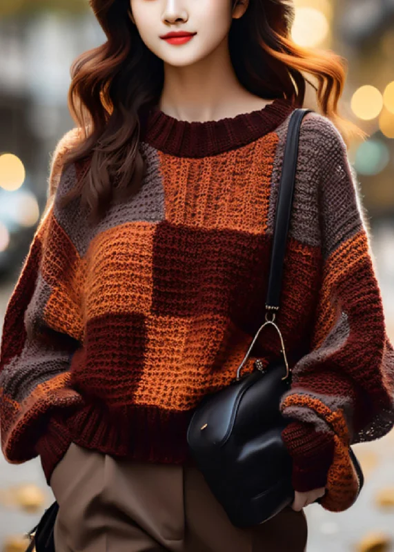 French Style Loose Plaid O Neck Cozy Patchwork Knit Sweater Winter