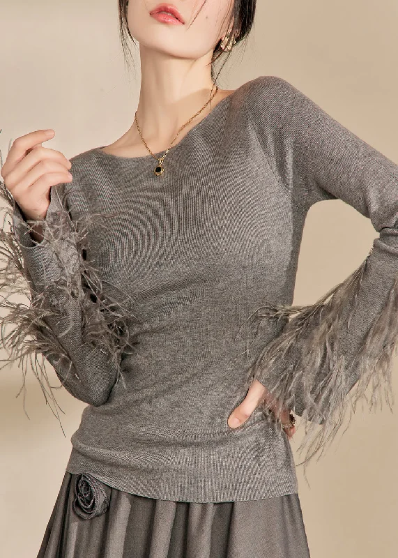 Personalized Series Fitted Grey O-Neck Tassel Cotton Knit Sweaters Fall