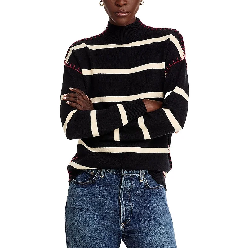 Spring Fashion Single Thread Womens Striped Ribbed Trim Mock Turtleneck Sweater