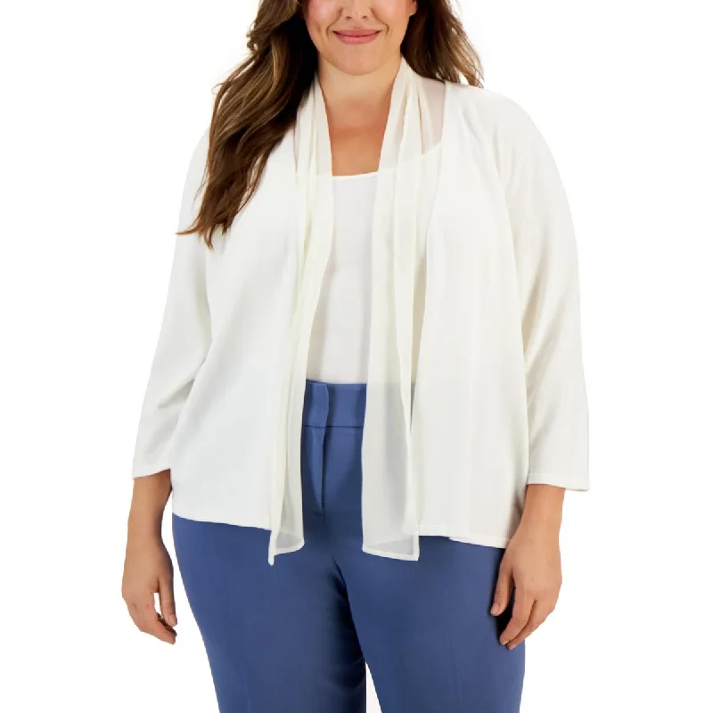 Fashionable Items Kasper Womens Plus Chiffon Trim Open Front Cardigan Sweater