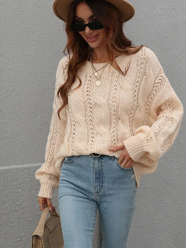 Lounge Chic Cable-Knit Openwork Round Neck Sweater