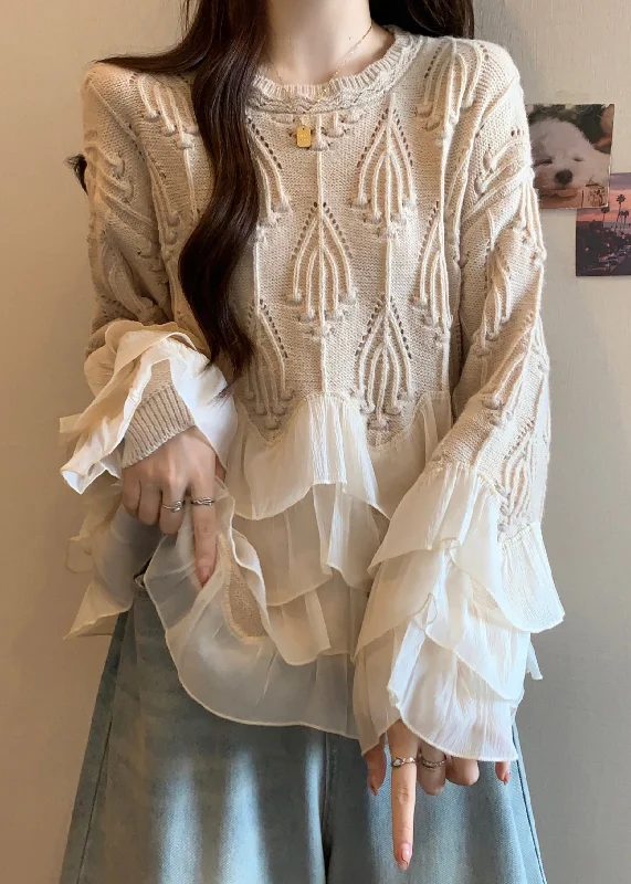 Boutique Recommendation Chic Apricot Ruffled Patchwork Knit Sweater Tops Fall