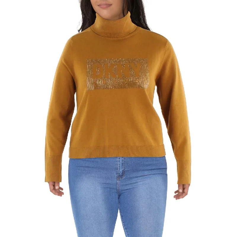 Unique Prints DKNY Jeans Womens Sequined Logo Ribbed Trim Turtleneck Sweater