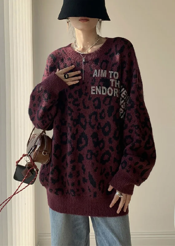 Soft Comfort Wear Dark Purple Letter Loose Knit Sweaters O Neck Winter