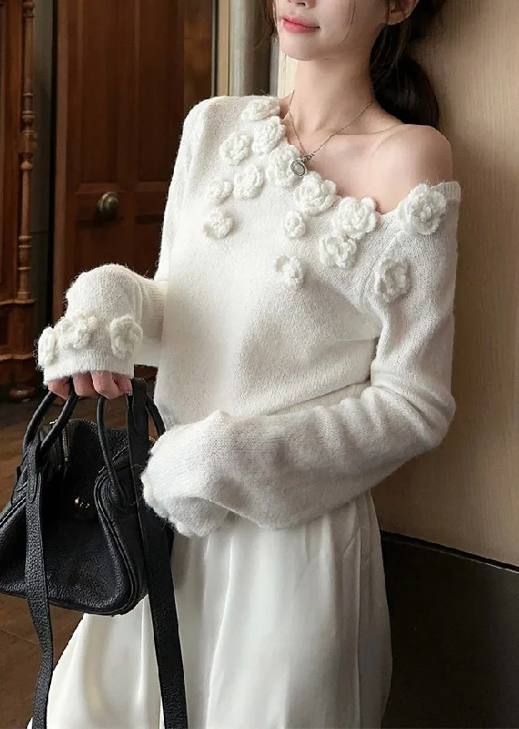 Body Design Stylish White Cold Shoulder Solid Knit Sweater Winter