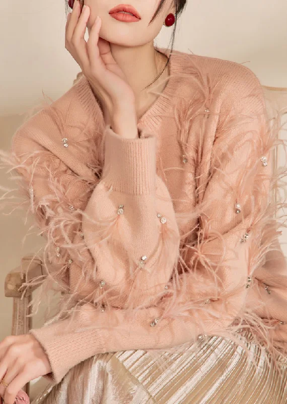 Trendy Wear Organic Skin Pink O-Neck Zircon Feather Cotton Knit Sweater Winter