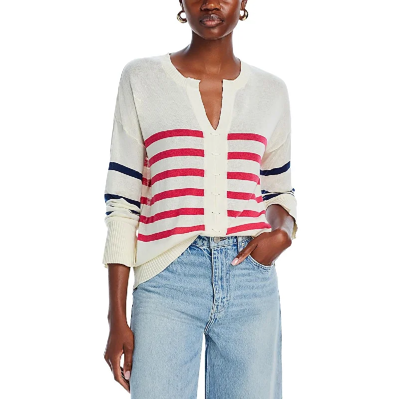 Versatile Items Aqua Womens Striped Ribbed Trim Pullover Sweater