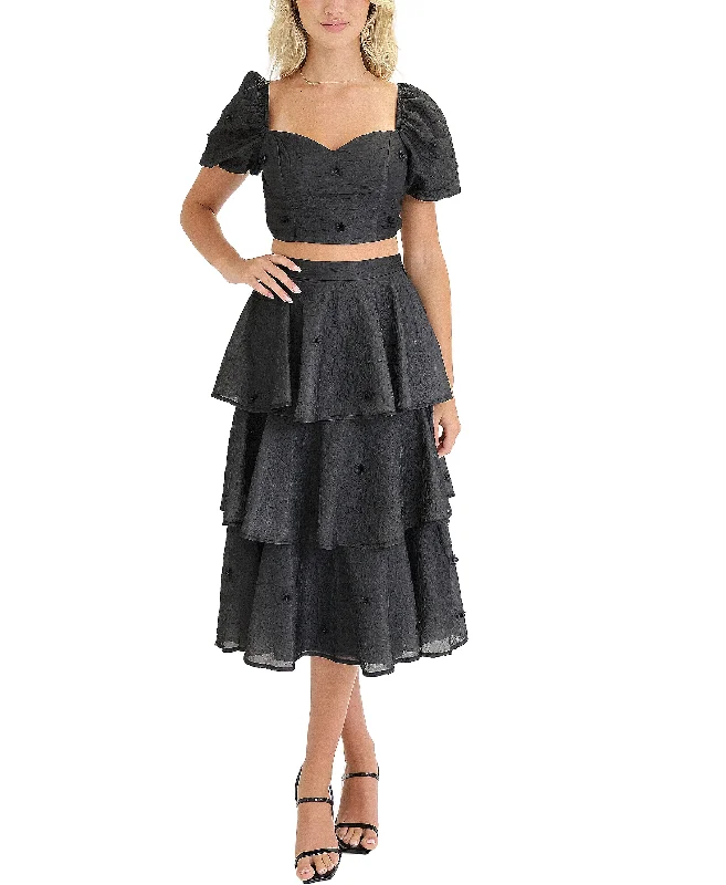 Cute Style Textured Floral Top & Tiered Ruffle Skirt Set- 2 Pc Set