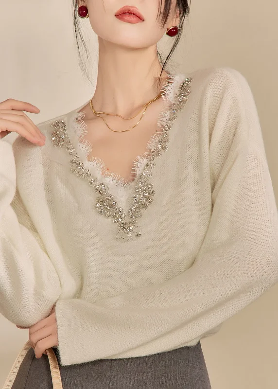 Personalized Design DIY Beige V Neck Lace Patchwork Cozy Cotton Knit Sweaters Winter