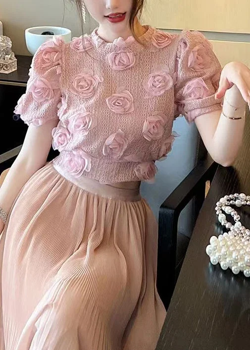 Modern Tailoring Beautiful Pink Floral Hollow Out Knit Top Summer