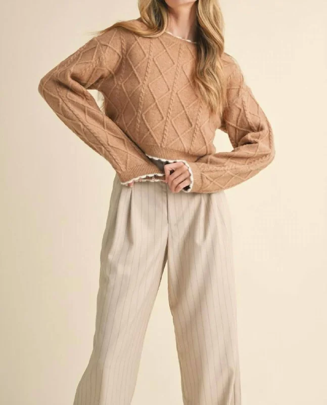 Comfortable Design Cable Knit Cropped Sweater In Camel