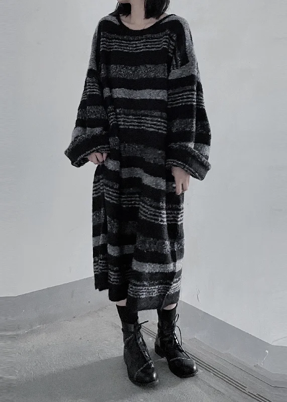 Exquisite Design Loose Black O Neck Striped Cashmere Sweaters Dress Fall