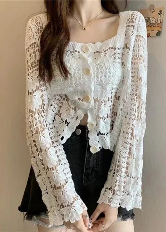 Playful Style French White Square Collar Hollow Out Knit Top Summer