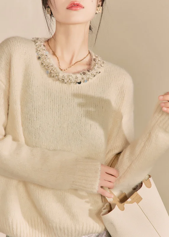 Fashionable Comfort Chic Apricot O Neck Nail Bead Woolen Sweater Tops Fall