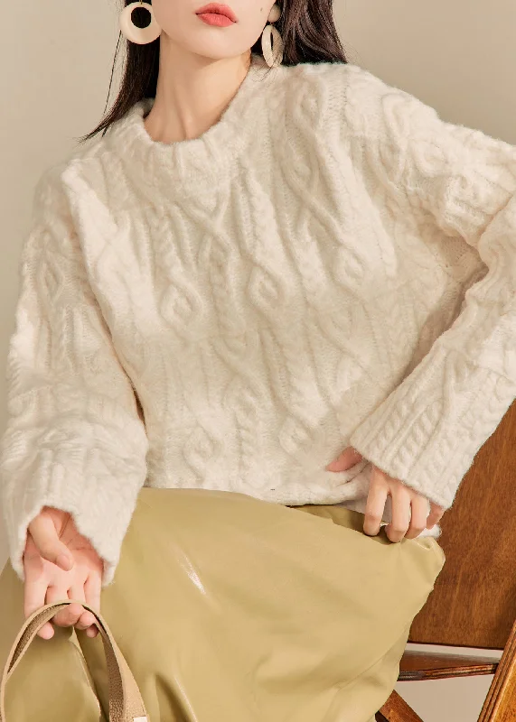 Versatile Comfort Wear Italian Beige O Neck Thick Cable Knit Sweaters Fall