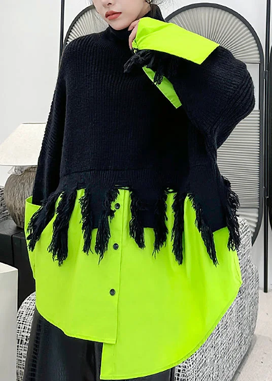 Personalized Wear Fashion Black Green Hign Neck Asymmetrical Patchwork Knit Sweaters Fall