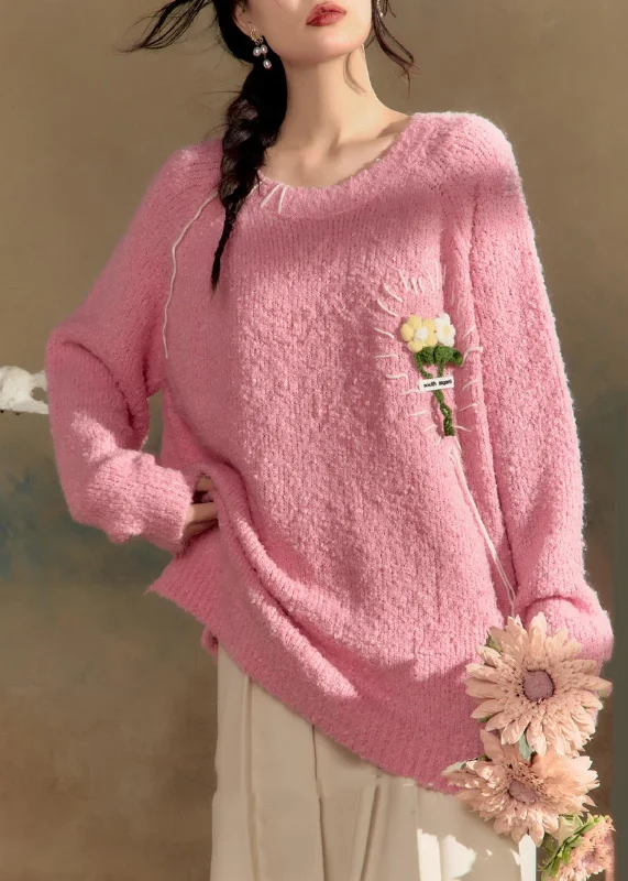 Classic Design Cute Pink O-Neck Floral Cotton Knit Sweaters Winter