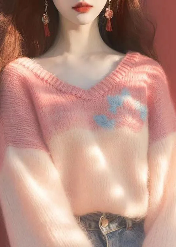 Fashion Selection New Pink V Neck Patchwork Knit Sweaters Winter