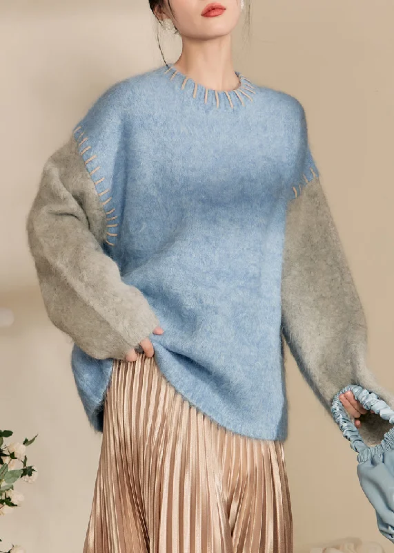 Stylish Wear Loose Blue O-Neck Patchwork Thick Cotton Knit Sweaters Winter