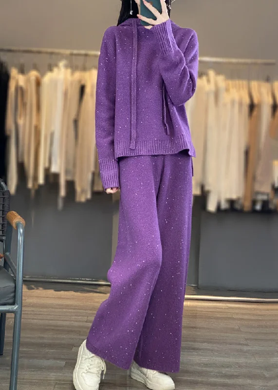 Personal Design Stylish Purple Drawstring Hooded Cotton Knit Sweaters And Wide Leg Pants Two Piece Set Winter