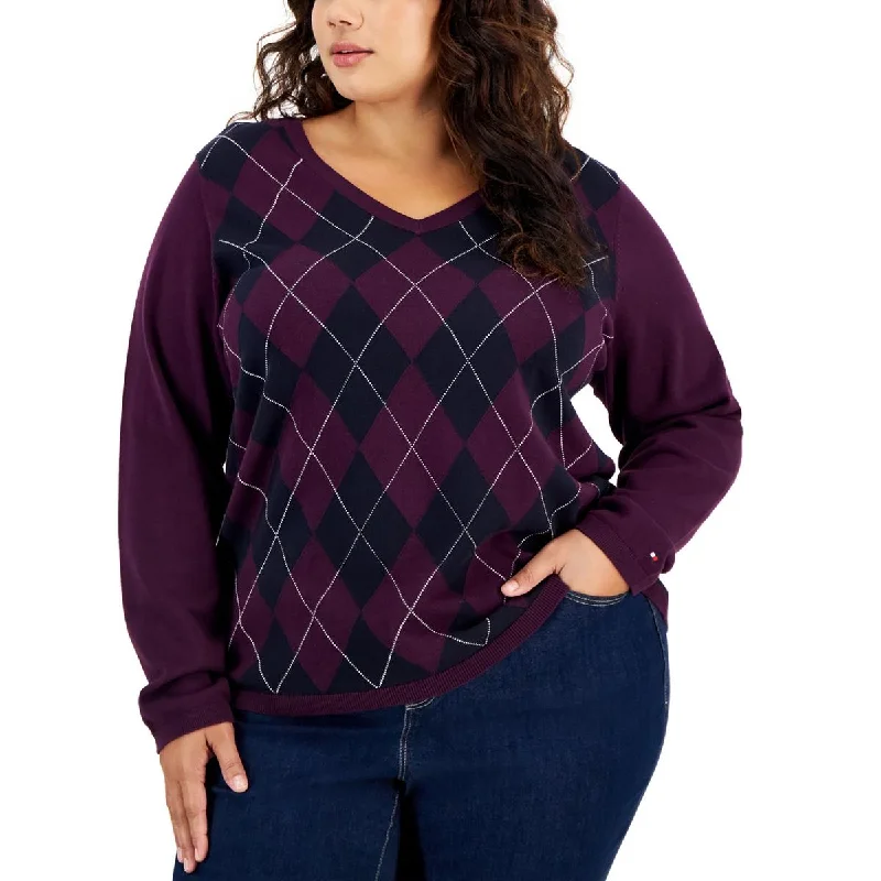 Easygoing Style Tommy Hilfiger Womens Plus V Neck Long Sleeve Pullover Sweater
