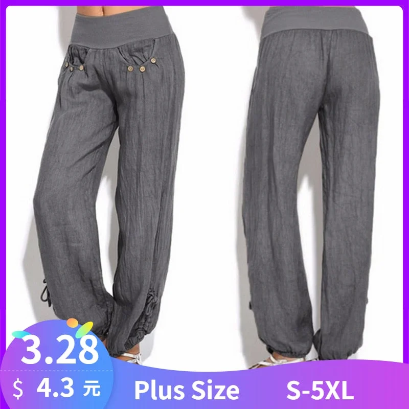 Casual And Casual Fashion Women Solid Buttons Cotton And Linen Casual Loose Trouser Wide Leg Pants High Waist Joggers Pants Capris Good Fabric
