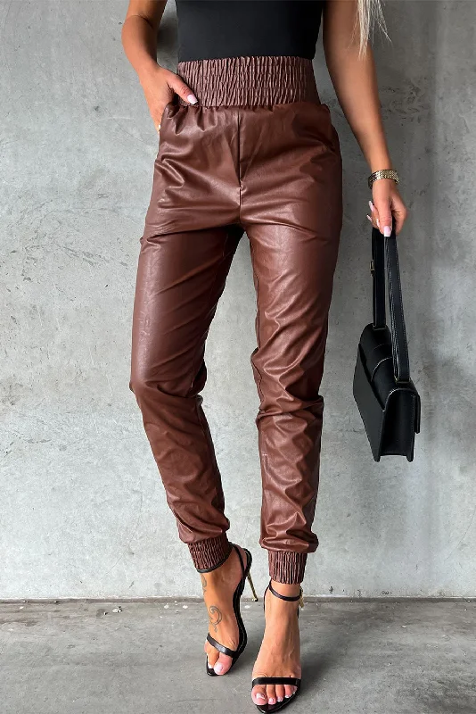 Fresh And Natural Brown Smocked High-Waist Leather Skinny Pants