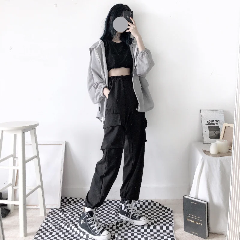 Cool Breeze At Night UNISEX FASHION BLACK POCKET WIDE LEG PANTS BY63059