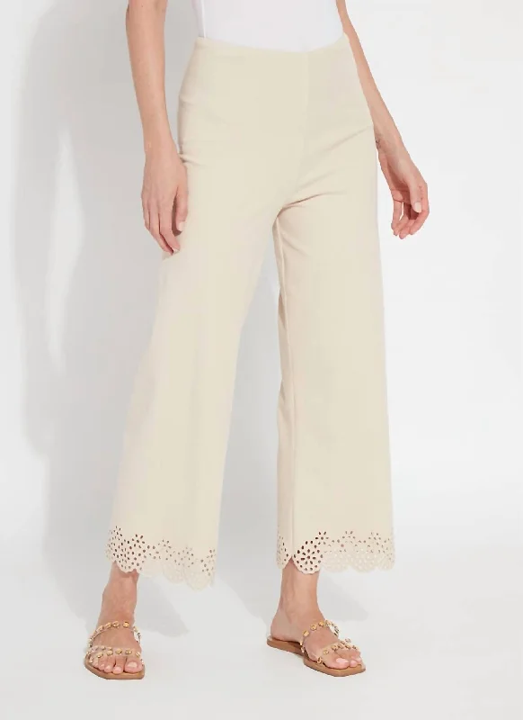 Effortless Style Cropped Embroidered Eyelet Wide Leg Pant In Light Almond