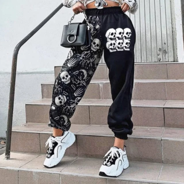 Wearable At Home Or Out Women's Casual Black Skulls Print Elastic Waist Pocket Wide Leg Pants Wearable At Home Or Out Women's Casual Black Skulls Print Elastic Waist Pocket Wide Leg Pants