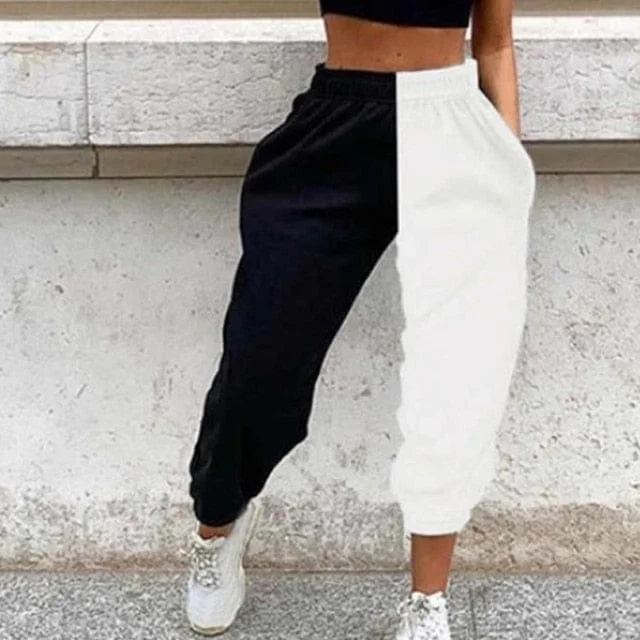French Style Women's Casual Black & White Print Elastic Waist Pocket Wide Leg Pants
